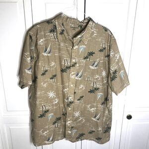 Croft & Barrow XXL Hawaiian Shirt Sailing Palm Trees Compass Nautical Beige Brow